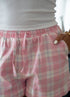 Women Summer Pajama set Off White Top + Pink X White Plaid With Light Blue Line Shorts